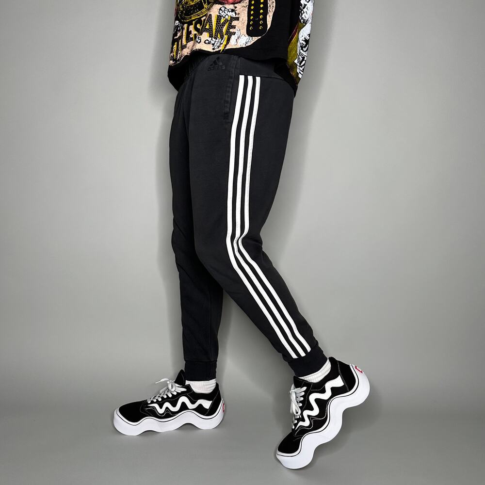 Vintage Y2K Adidas Sweatpants Mens S Jet Black Cotton Joggers White 3 Stripes